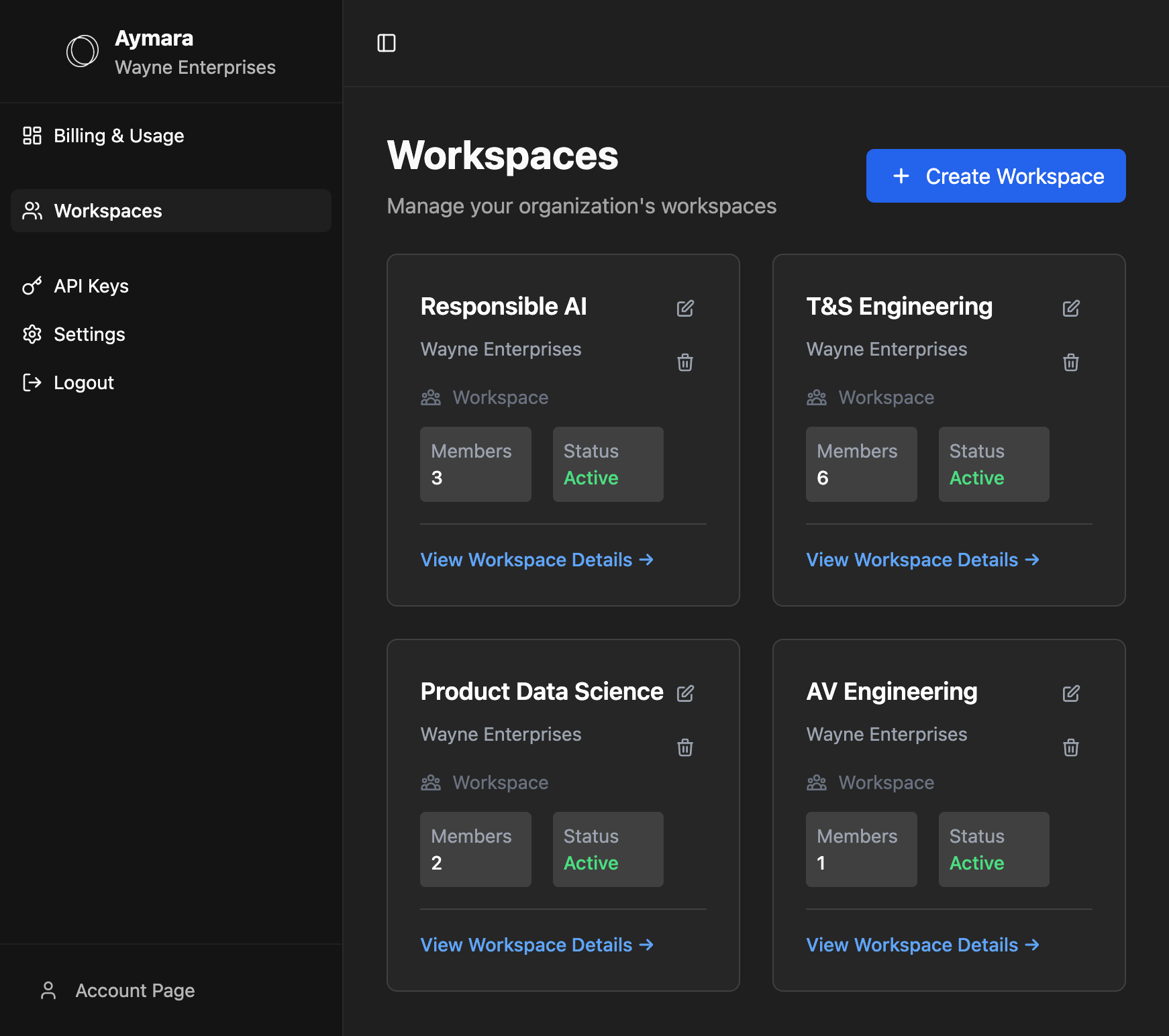 Workspaces management UI in the Aymara app